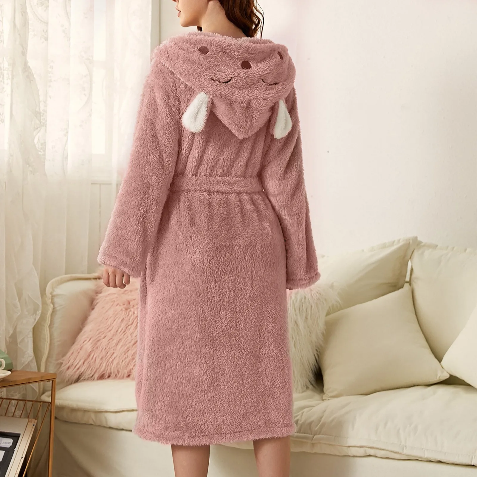 Thicken Fuzzy Robes Bathrobe Long Women Cute Ear Warm Hooded Robe Rabbit Flannel Kimono Bath Robe Dressing Gown Velvet Sleepwear