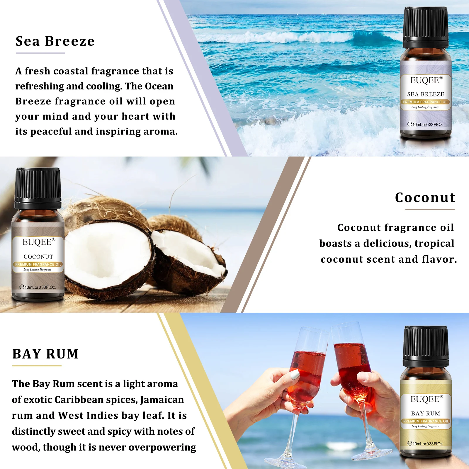 EUQEE 6x10ml Holiday Island Fragrance Oils Gift Set For Humidifier - Sea Breeze,Bubble Gum,Bay Rum,Marshmallow,Pineapple,Coconut
