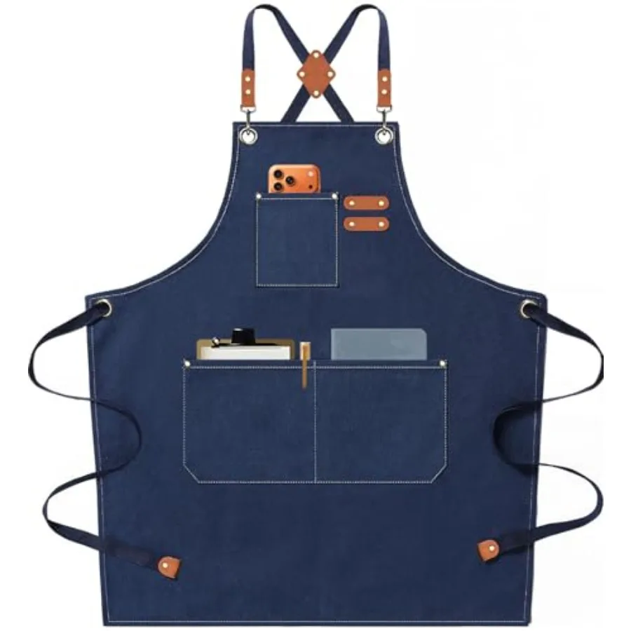 

Chef Aprons for Men Women with Oversized Pockets 16-Ounce Cotton Canvas Cross Back Heavy Duty Work Apron Dark Blue