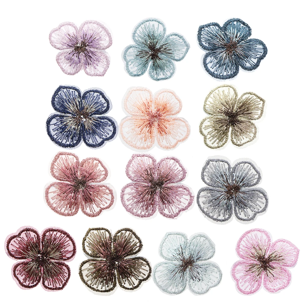 Mesh Embroidery Flower Accessories Solid Color Lace Gauze Floral 10pcs for DIY Bows Center Clothes Patch Decorations