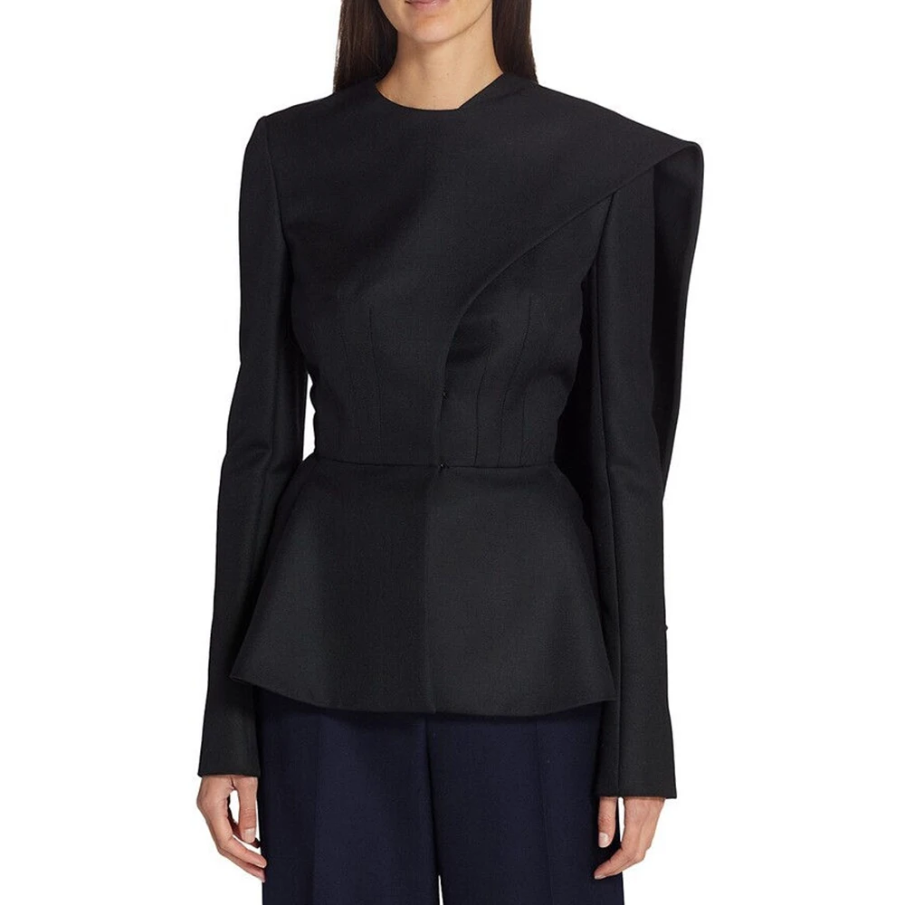 VGH Solid Elegant Slimming Blazers For Women Round Neck Long Sleeve Temperament Asymmetrical Blazer Female Fashion Clothing New
