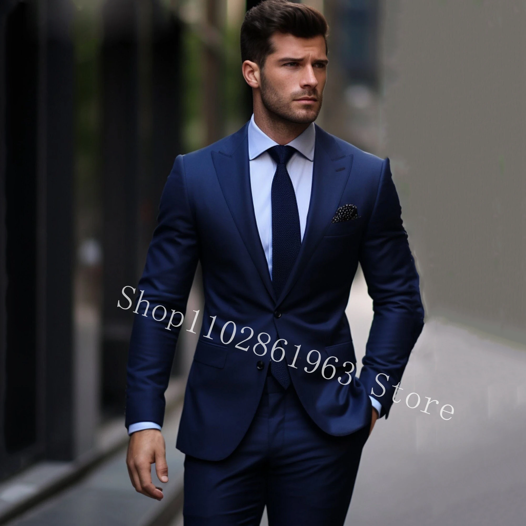 Navy Blue 2 Pieces Men Suits Peak Lapel Two Buttons Male Suits Blazer Pants Best Men Groom Tuexdos For Wedding Costume Homme