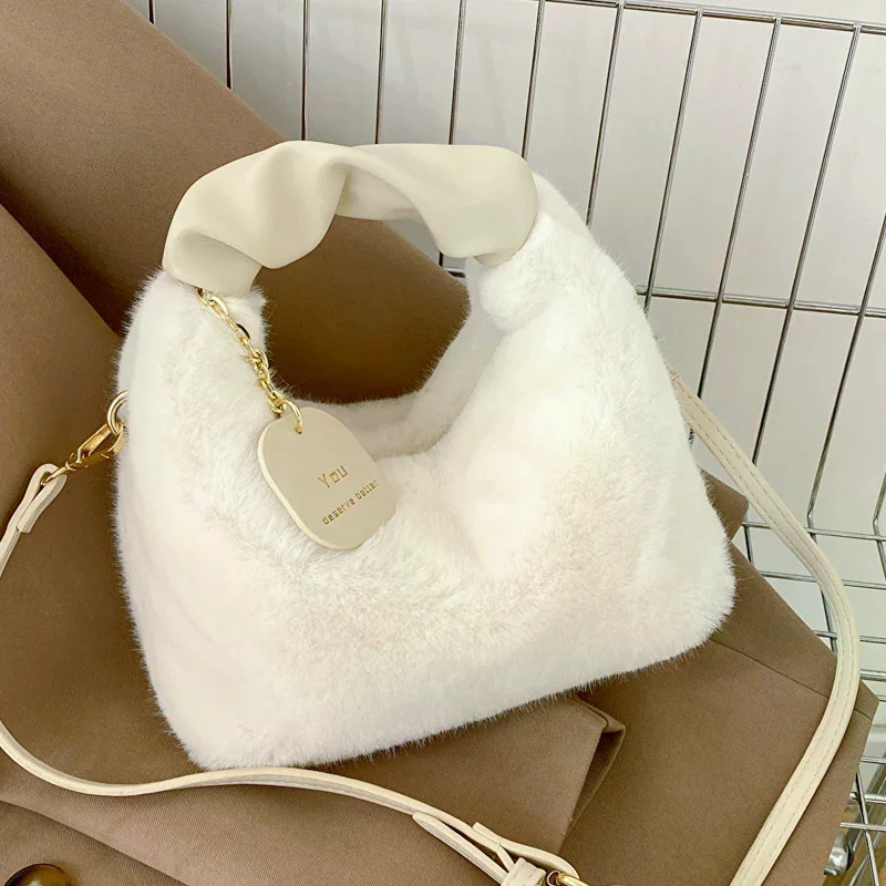 Women Plush Ruched Handle Handbag Small Half-Moon Hobo Bag Lady Shoulder Crossbody Casual Tote Winter Purse
