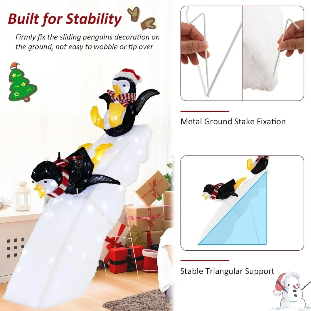 4 FT Lighted Christmas Penguin Slide Scene Decoration, 2 Sliding Penguins & Snowy Slide, Pre-Lit Christmas Penguin & Slide