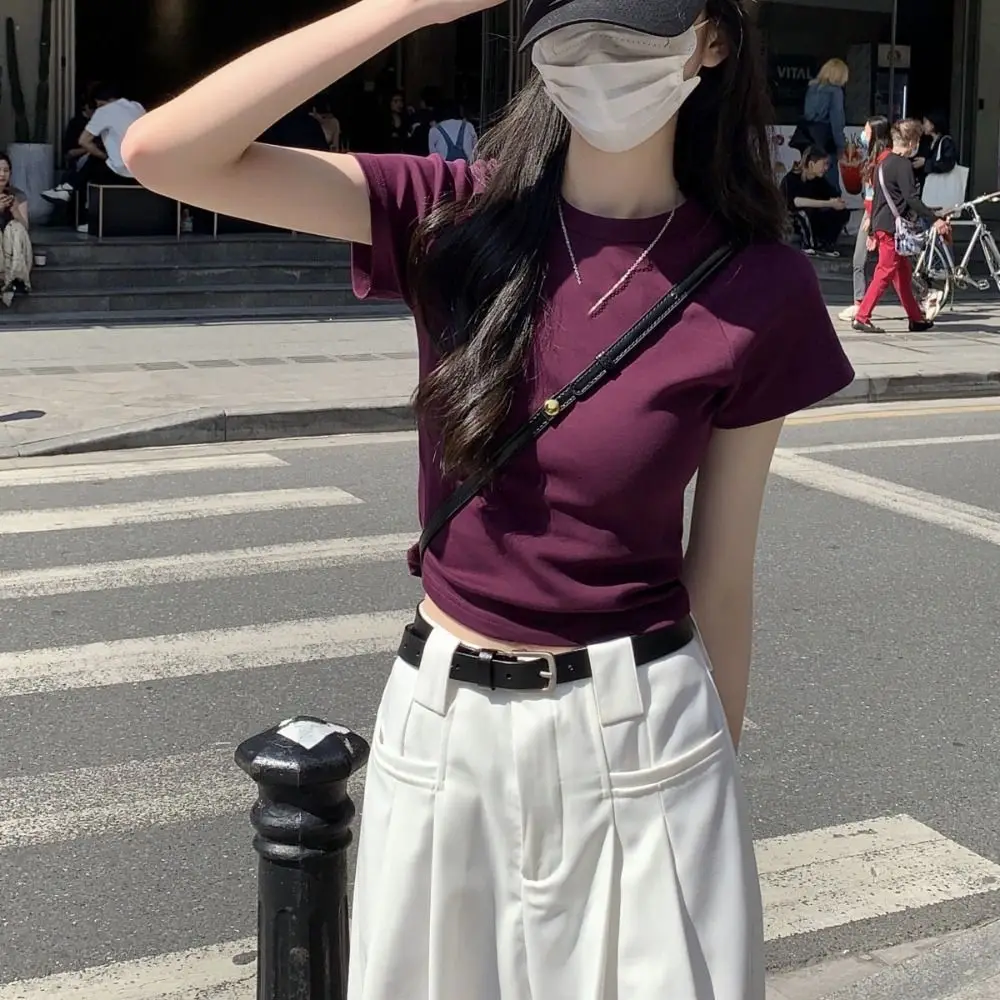 لطيف بلون قصيرة الأكمام تي شيرت أنيق الحلو Y2K المحاصيل الأعلى سليم صالح الكورية نمط تي شيرت النساء الفتيات