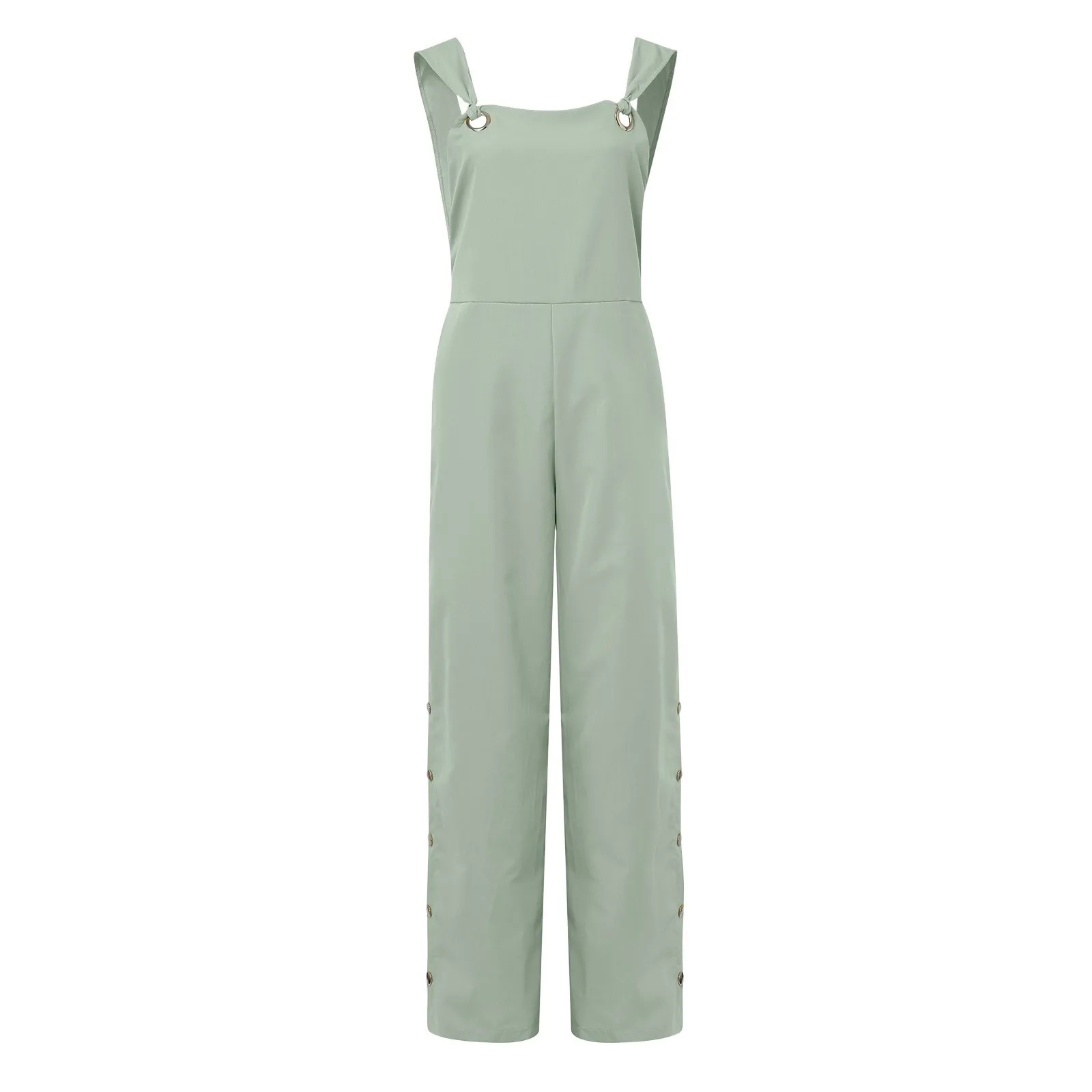 Women\'s Summer Sleeveless Twisted Knot Cotton Linen Strappy Jumpsuit Side Button Opening Loose Long Pants Women Playsuit Overall