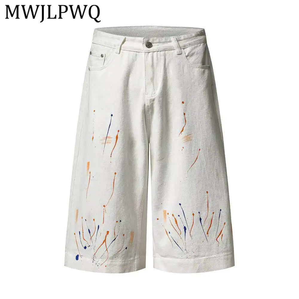 MWJLPWQ Men's Street Graffiti Paint Splatter Denim Shorts Summer Niche Design Hip-Hop Trendy Casual Straight Cropped Jeans 17220