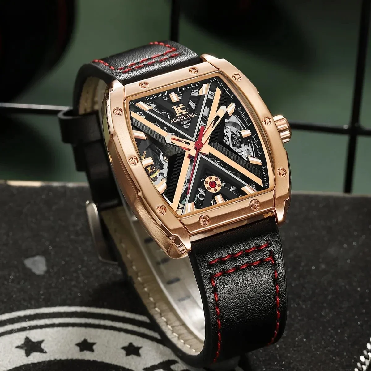 AOKULASIC Tonneau Rose Gold Mechanical Watches Luxury Brand Skeleton Automatic Watch for Men Engraved Movement Leather Strap New