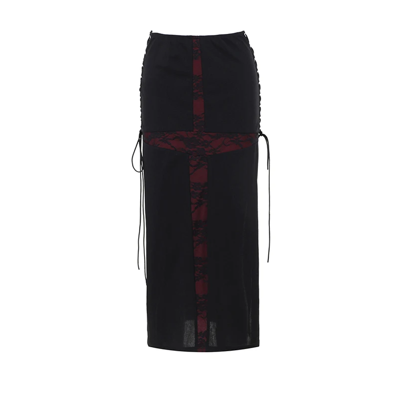 Goth Sexy Lace Red Cross High Slit Bandage Long Skirts Y2K Black Bodycon Midi Skirts Women Summer New Fashion Streetwear