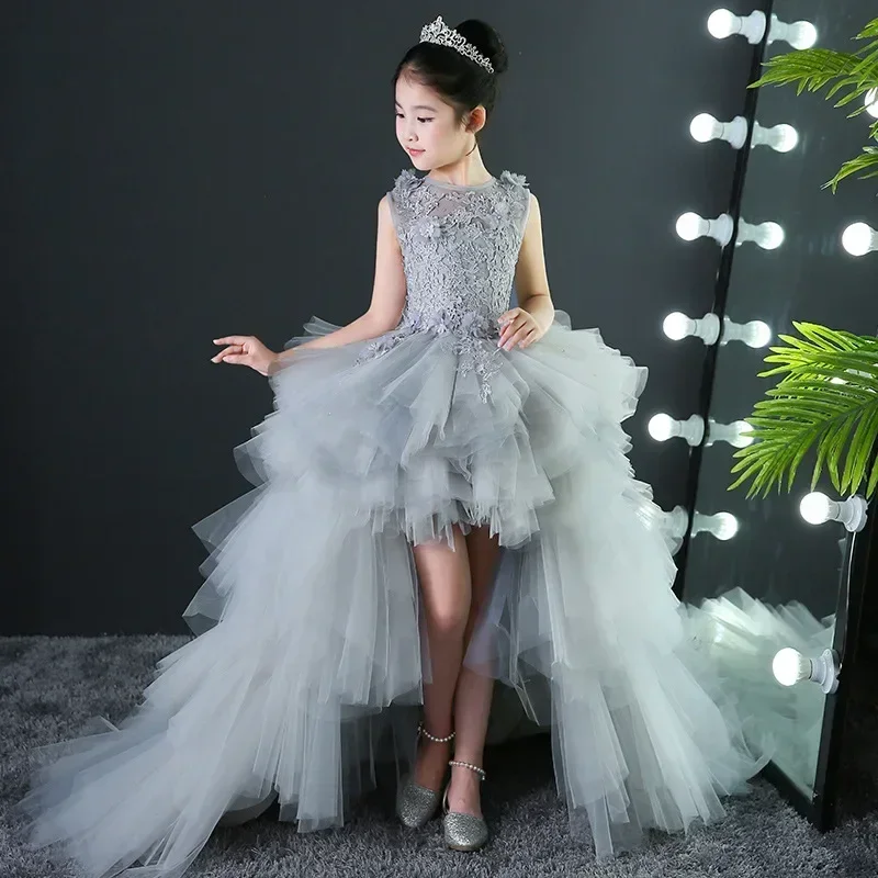 Custom Made Luxury Grey Pageant Dress Kids Birthday Wedding Ball Gown Party Dress Crystal Bandage Flower Girl Dresses Long Train