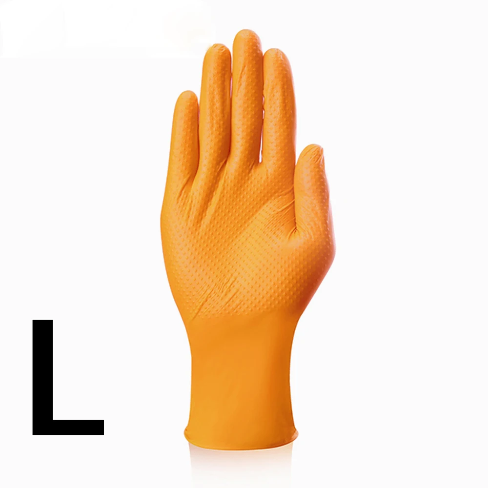 Dikke, zwarte/oranje nitril handschoenen, met een ruitpatroon, antislip en bestand tegen olie, geschikt voor mechanisch werk en autoreparaties.