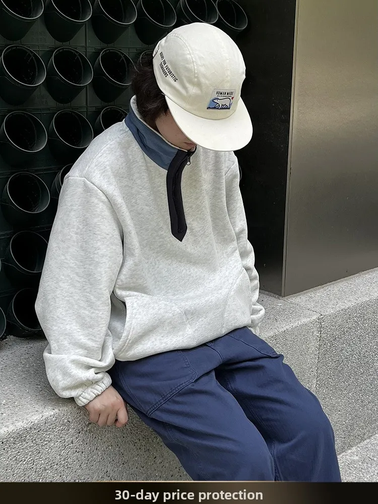 

American Retro Patchwork Color Blo Hooded Fce Lined Sweatirt Loose Outerwear f Zipper New Autumn Sle for Teens