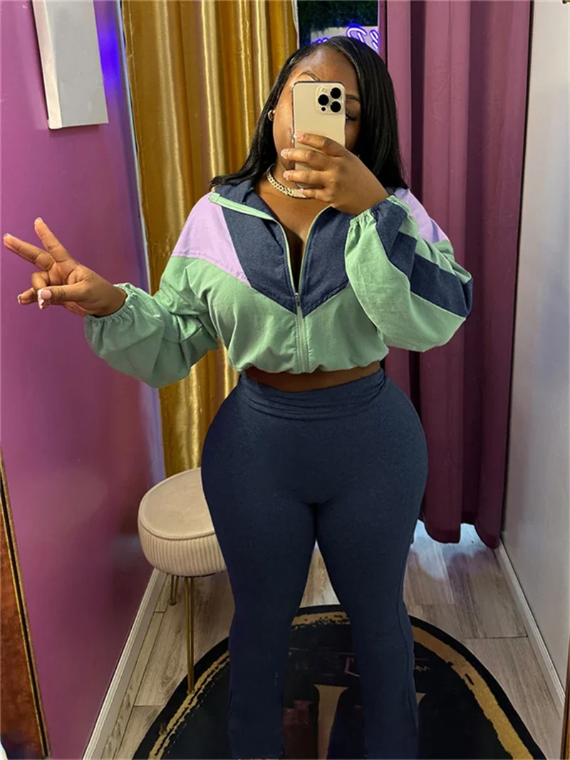 

Streetwear Patchwork 2 Piece Sets Women Outfit Spring Clothes Women 2025 Long Sleeve Top Bodycon Pant Sets Casual Tracksuits Set