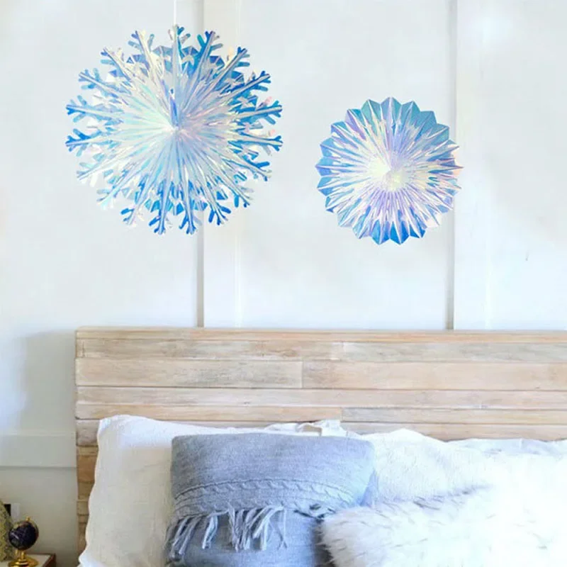 Iriserende Film Ronde Fan Muur Opknoping Decoratie Sneeuwvlok Papier Fans Home Decor Bruiloft Verjaardag Feestartikelen Drop Ornament