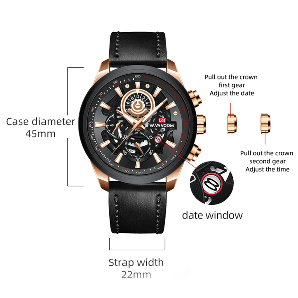 Fashion VA VA VOOM Top Brand Men Watch Sports Leather Student Business Calendar Waterproof Quartz Wristwatches Relogio Masculino