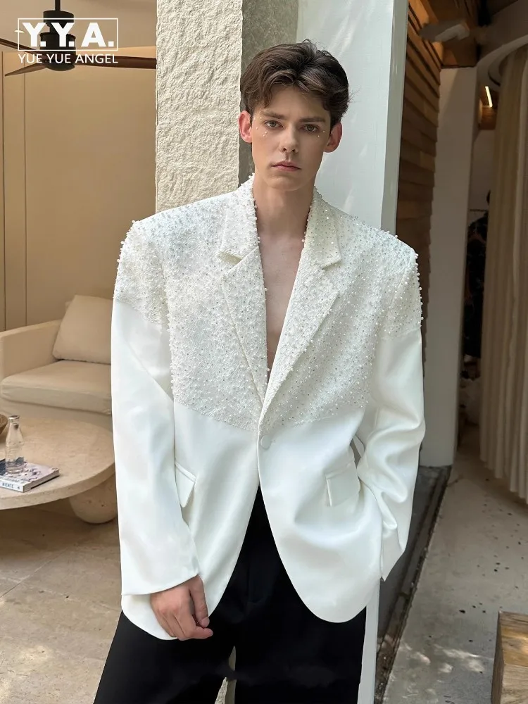 Fashion Casual Men Beige Suit Jacket Beading Spliced Design Blazer Single Button Loose Fit Outerwear Antumn New Chic Dance Coat
