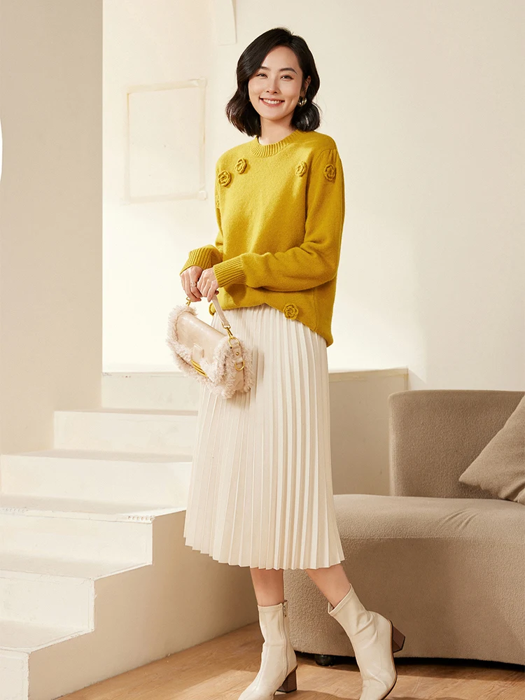 شيك المرأة 100% ميرينو رداء علوي من الصوف س الرقبة اليدوية هوك زهرة البلوز مكتب سيدة لينة الكشمير تريكو الخريف الشتاء القمم