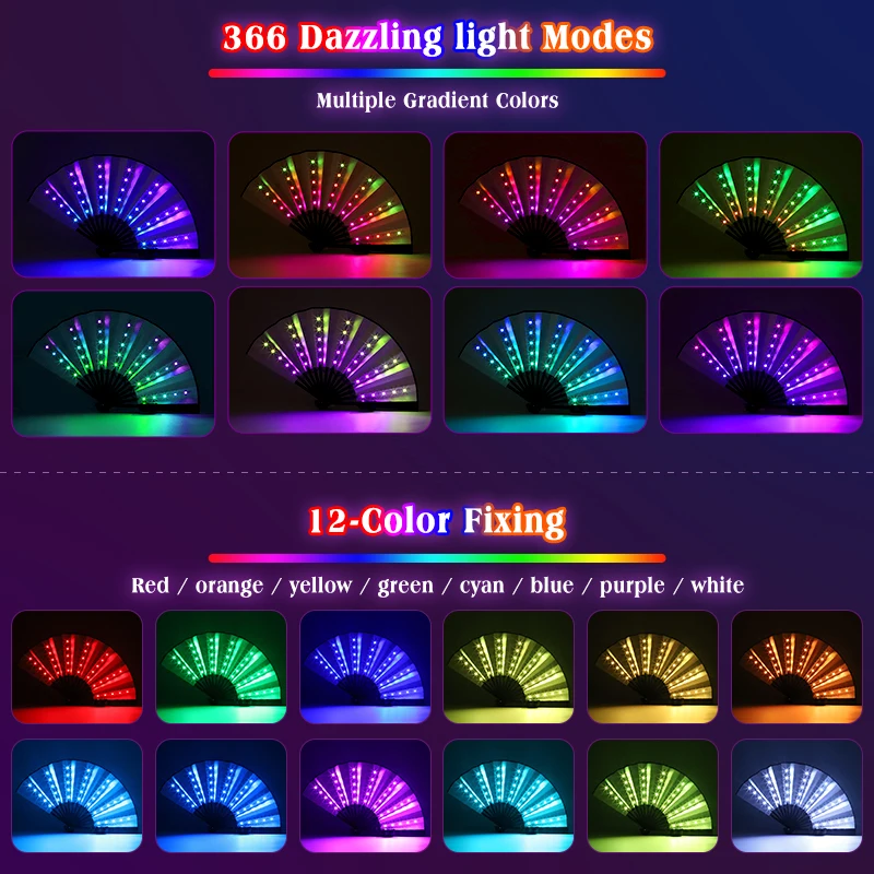 Light Up Folding Hand Fan RGB 366 Modes LED Rechargeable Handheld Fans Rave Music Festival Party Night Club Bar Fluoresce Prop