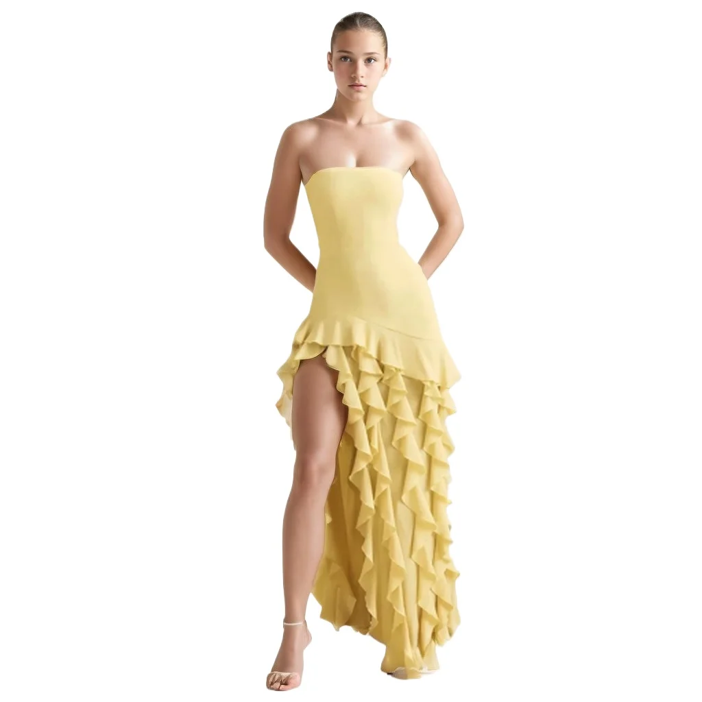 

Sexy Yellow Asymmetry Strapless Side Split Ruffles Long Formal Party Dress