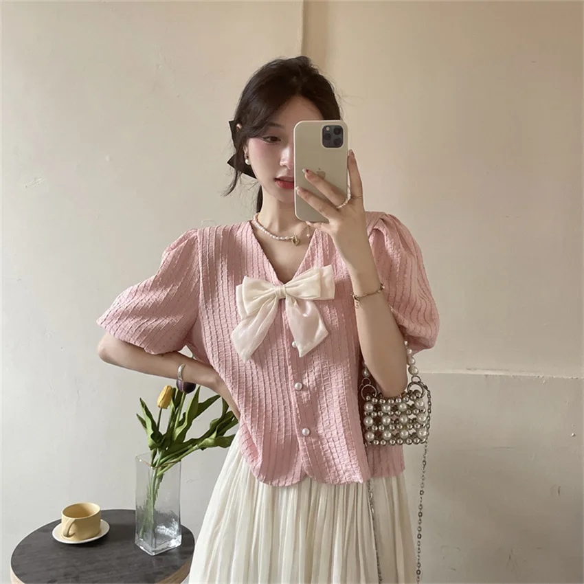 French Bubble Short Sleeve Knitted T-shirt for Women\'s Summer New Gentle Style Design Versatile Cardigan Short Top Instagram