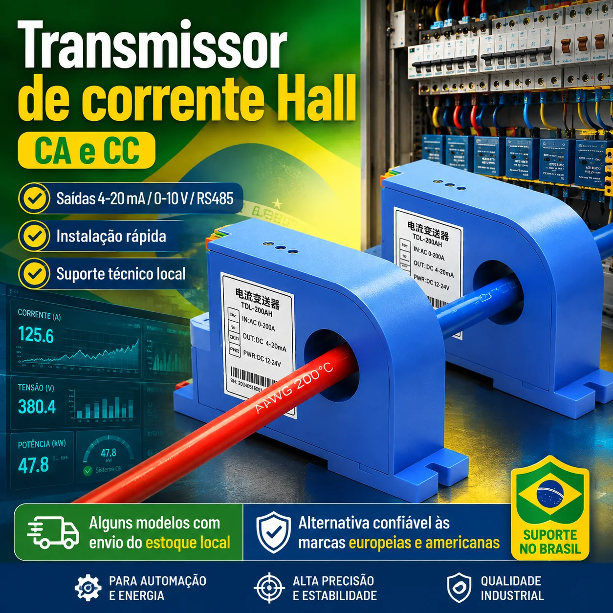 AC/DC Current Transmitter Closed-Loop Hall-Effect Current Sensor, Non-Contact, 4–20 mA, 0–10 V, RS485, for Power Applications