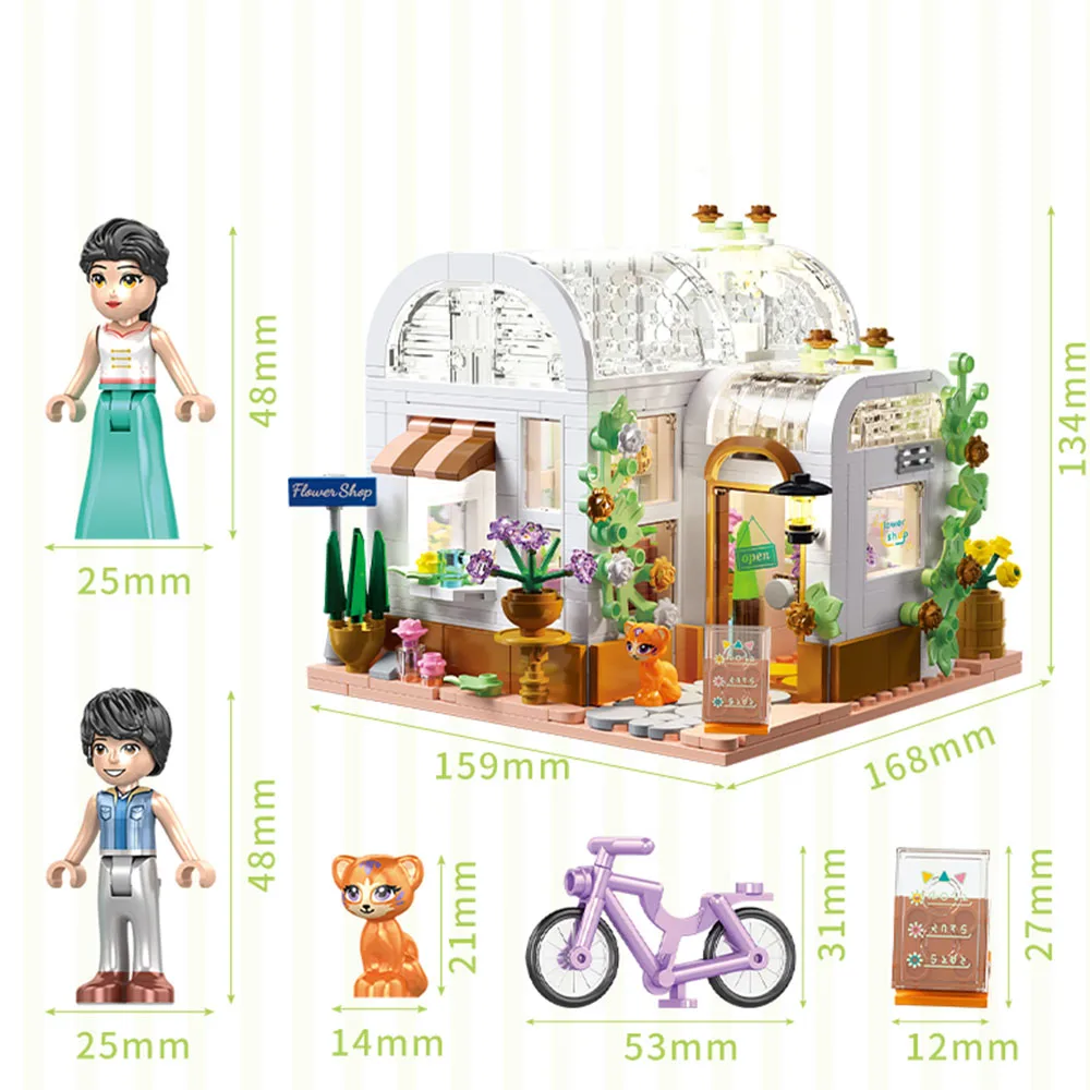 NEW MOC Flower Shop City Street View Creative House Flower Store Architecture Building Block Bricks LED Light Sets Toys Girls