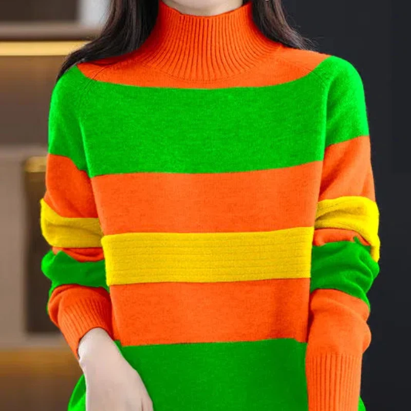 Contrast Color Half High Collar Sweater Women 2024 Autumn Winter New Patchwork Striped Loose Fashion Knitted Long Sleeved Top