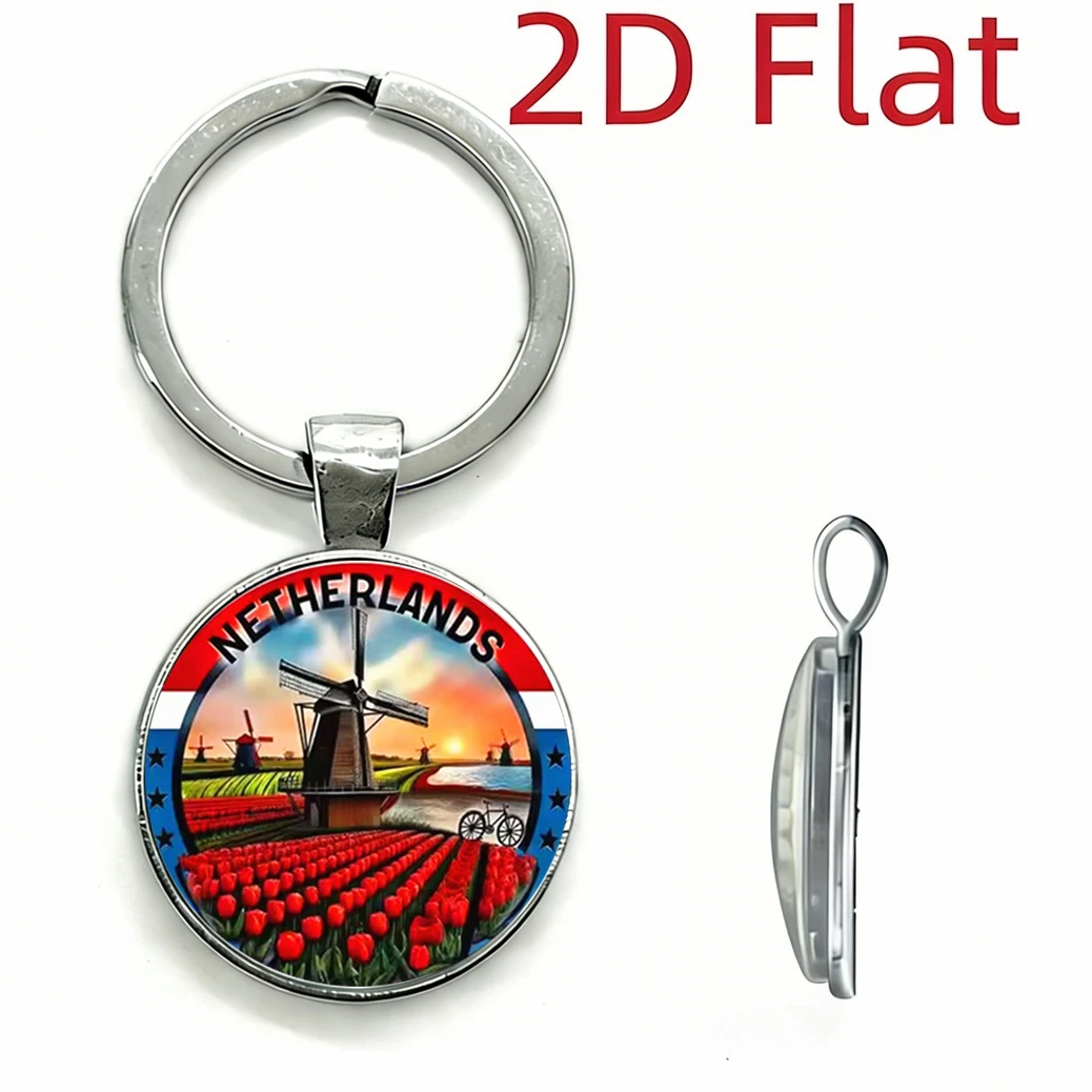 1pc Netherlands Tulip Keychain, Windmill Tulip Dutch Flag Design Glass Dome Metal Keyring Holland Travel Souvenir Gifts 2D Flat