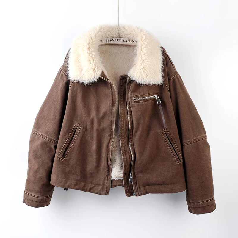 

Khaki Coffee Color Short Denim Jacket Winter Thick Warm Faux Lambswool Liner Lapel Long Sleeve Loose Casual Jeans Jacket Coat