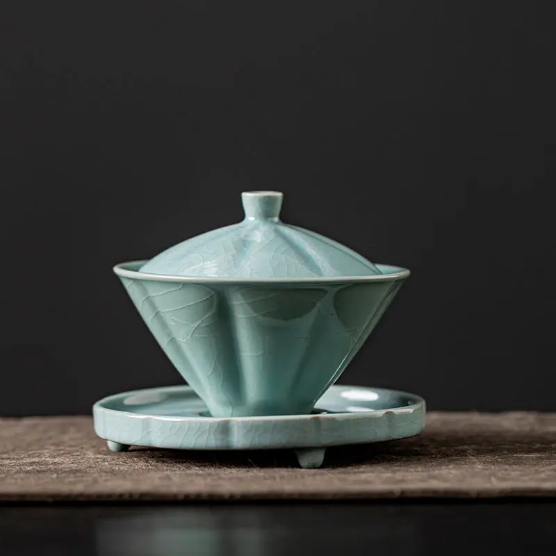 Beige Ru Kiln Douli Three-Talent Gaiwan Kung Fu Tea Set Tea Bowl High-End Household Nurturable Open Slice Ceramic Tea Cup Tea Bo