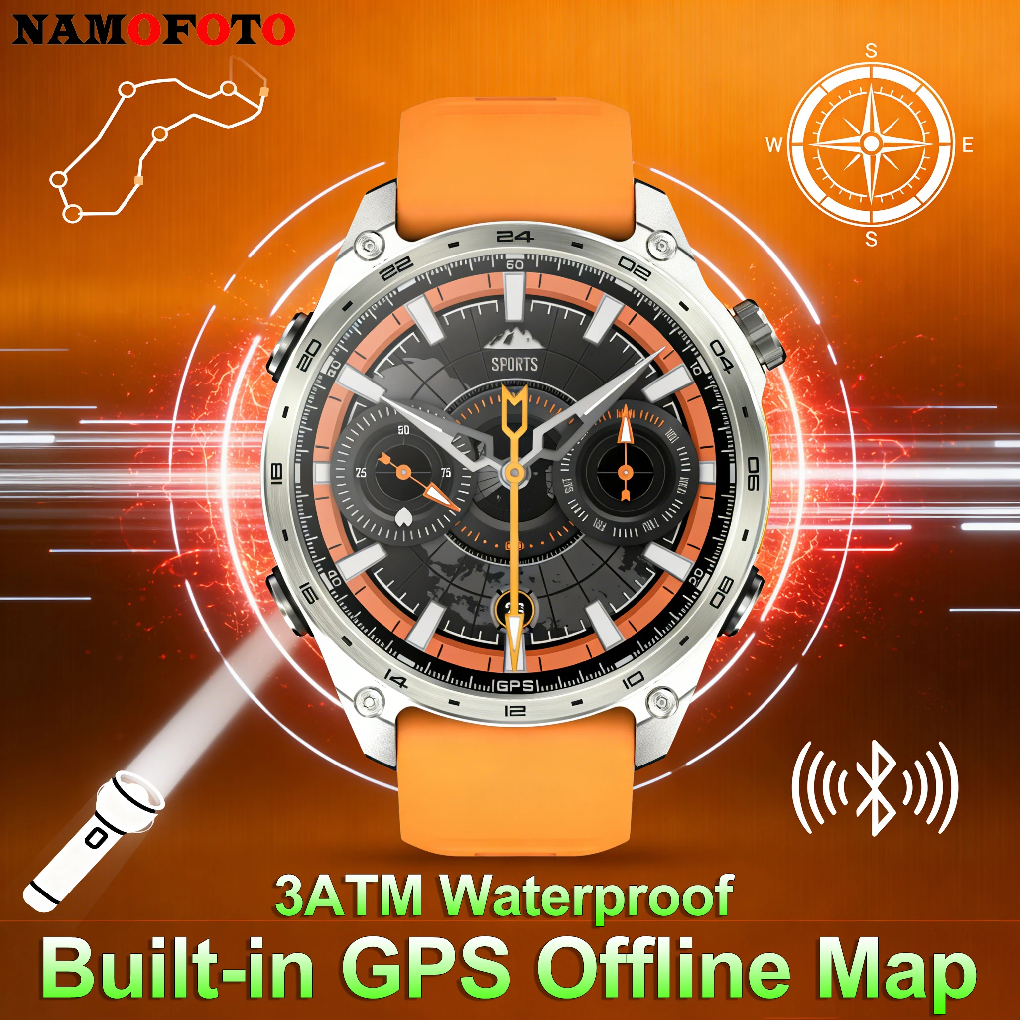 

Men GPS Smart Watch Offline Map 530mAh 3ATM Anti-fall Outdoor Sports Compass Strong Flashlight Heart Rate BT Call Smartwatch