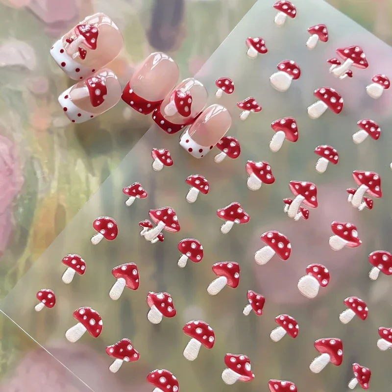 Red Mushroom Cluster White Spot Rain Season Autumn Pumpkin Vegetables Fall Leaves Adhesive Nail Charm Art Sticker Manicure Decal