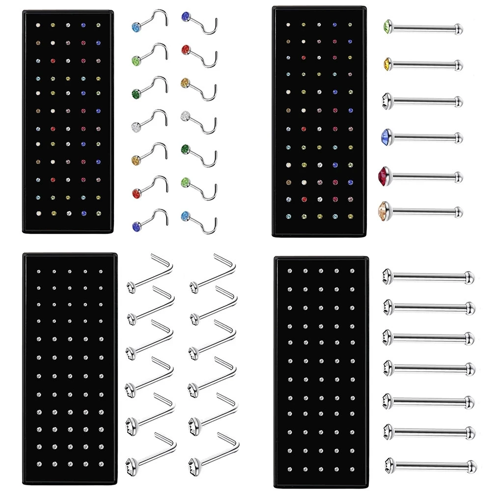 40/60 Piece/set Crystal Surgical Steel Stud Pack Piercing Straight Nose Ring Set Ear Bone Needle Studs Body Jewelry