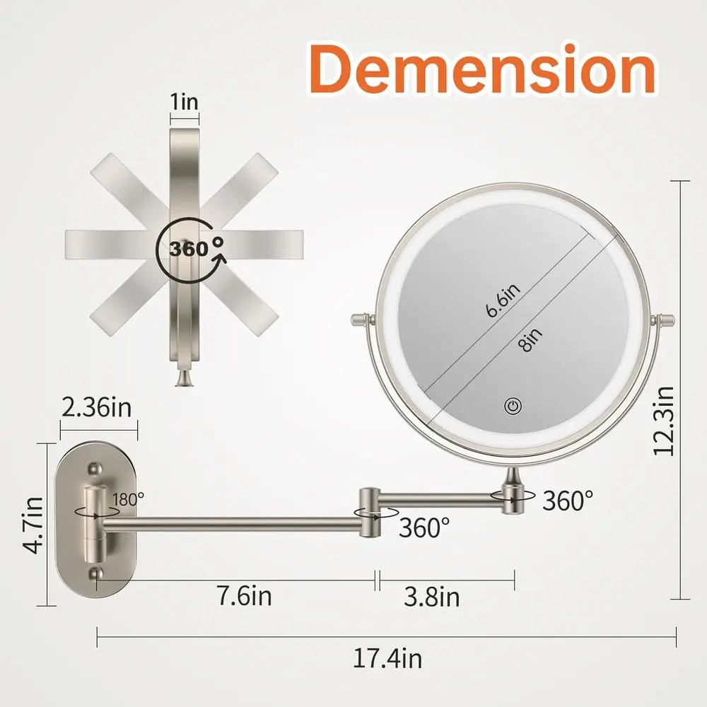 8 مرآة زينة LED مزدوجة الجوانب مع تكبير 1X/10X، تعتيم شاشة اللمس، 360 درجة ° دوران للمكياج والحلاقة #5