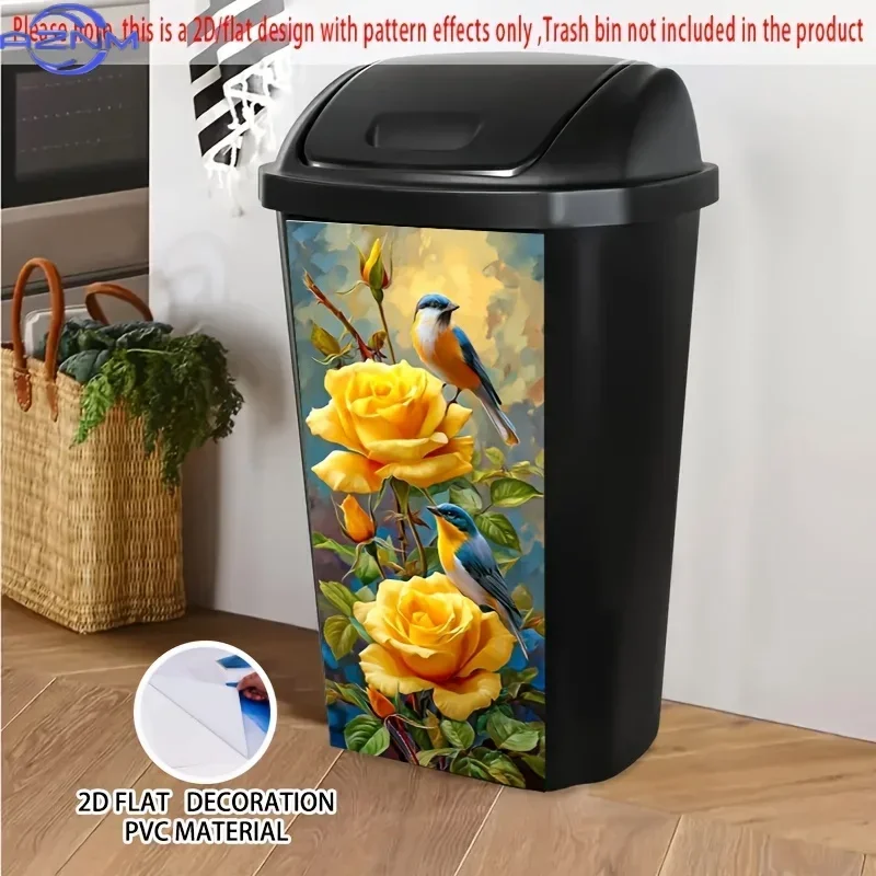 Birds on Yellow Roses Self-Adhesive Dustbin Stickers, PVC Trash Can Decorative Stickers, Wheelie Bin Stickers,  for Garden, Co