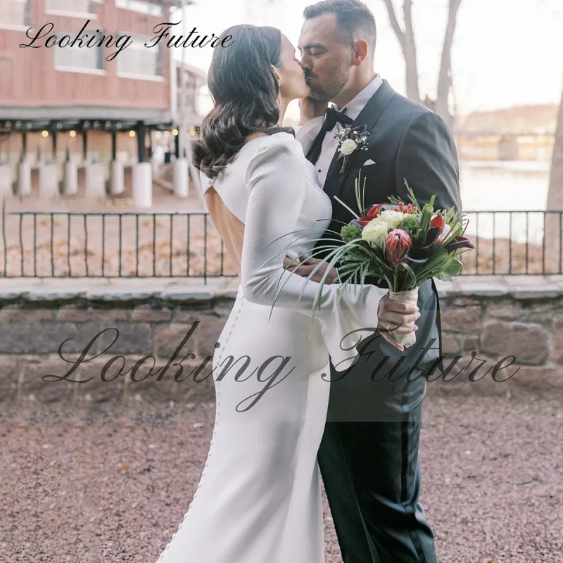 Vestidos de Novia sencillos de satén con abertura lateral para mujer, vestidos de Novia de manga larga con escote acampanada en V profundo, botones, espalda abierta, 2024