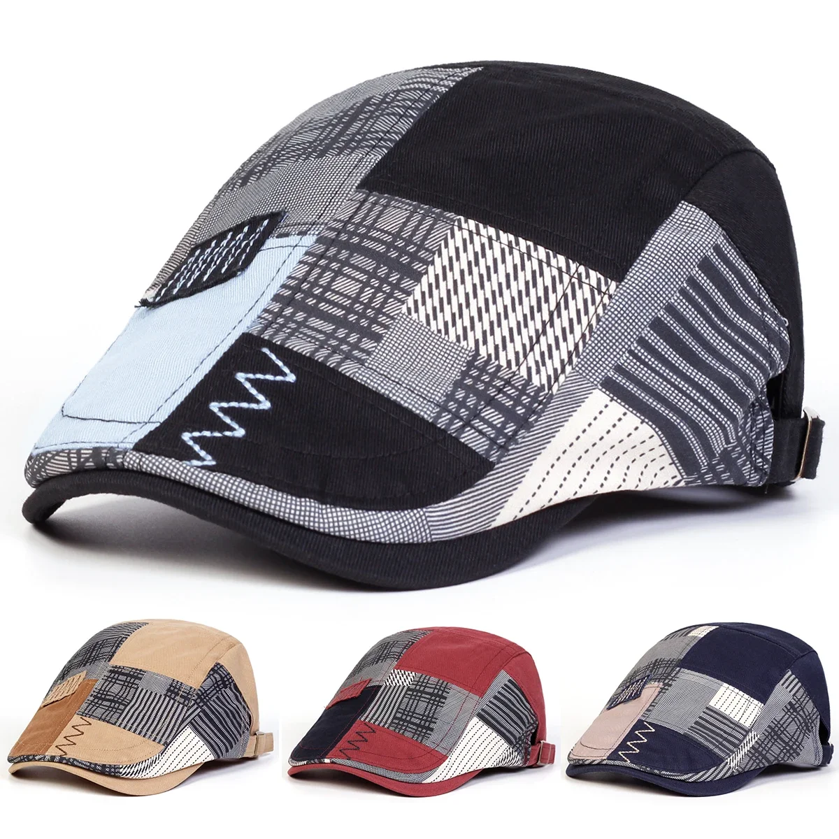 Unisex Bunte Stoff-Spleißmützen Britische Malermützen Frühling Herbst Achteckige Kappe Hip-Hop Baskenmütze