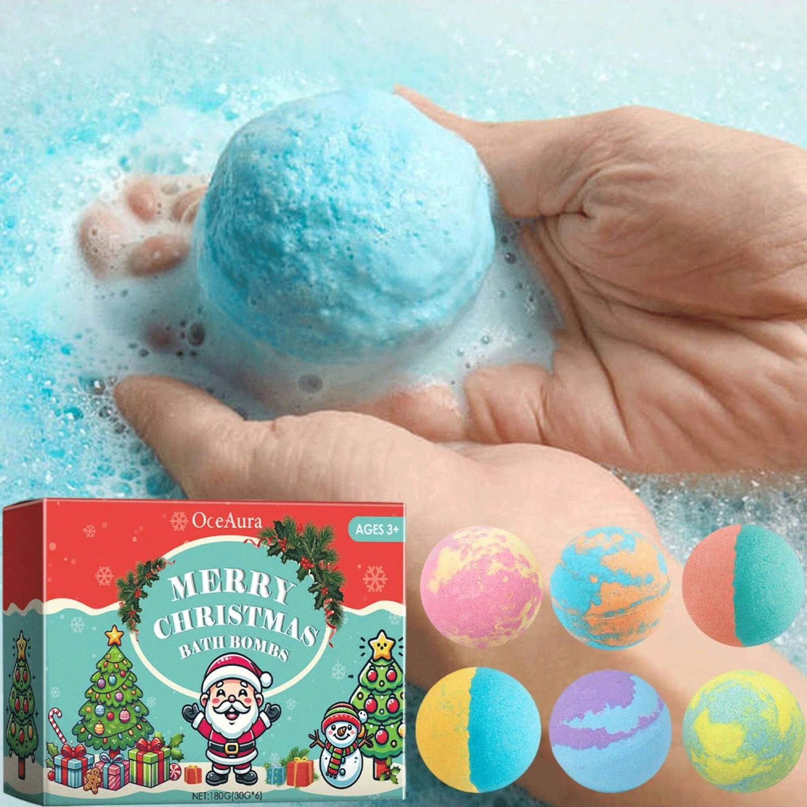 6pcs Christmas colored bath balls, mild ingredients, non-irritating, bubble shower fragrance, moisturizing, long-lasting fragran