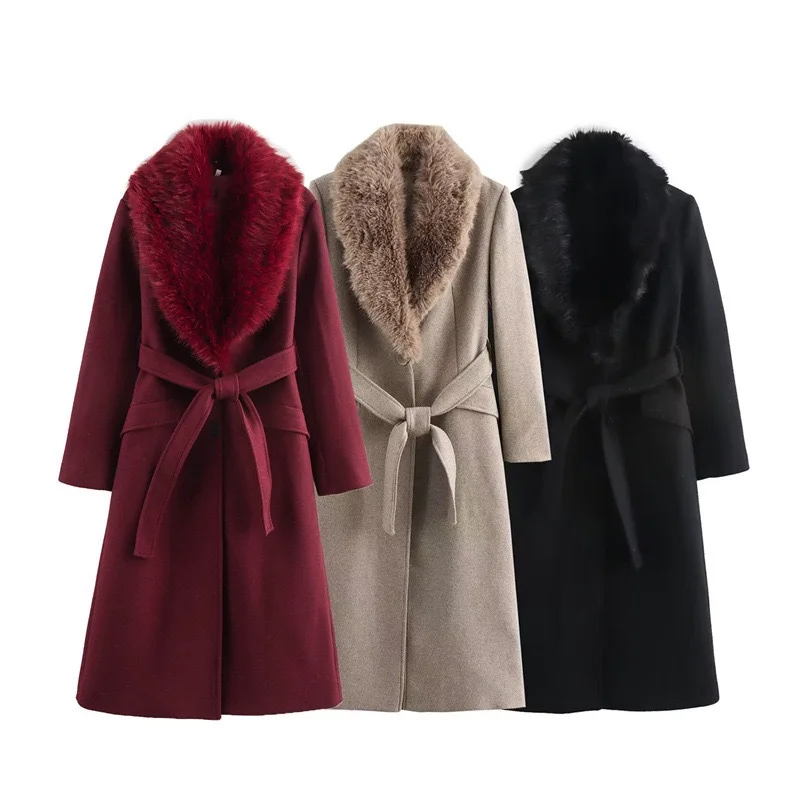 2024 Winter New Women's Faionable Woolen Coat Medium Length All-Match Fur Collar Outerwear Long Sve Commute Sle
