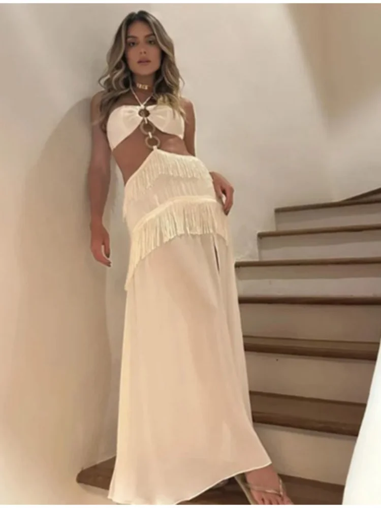 Sexy Hollow Out Tassel Halter Long Dress Women Patchwork Off Shoulder Backless Split Female Dresses 2024 Chic Lady Beach Vestido