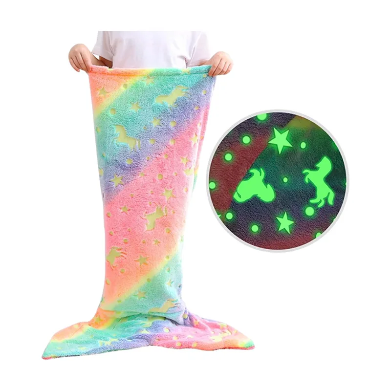

New Night Glow Mermaid Tail Blanket Wearable Companion Cute Blankets Super Soft Glow in The Dark Flannel All Seasons Gifts