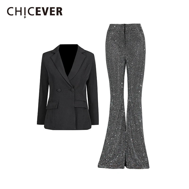 

CHICEVER однотонный комплект из двух предметов с бриллиантами, женская куртка с длинными рукавами и лацканами, французские романтические женские брючные комплекты, осенняя новинка