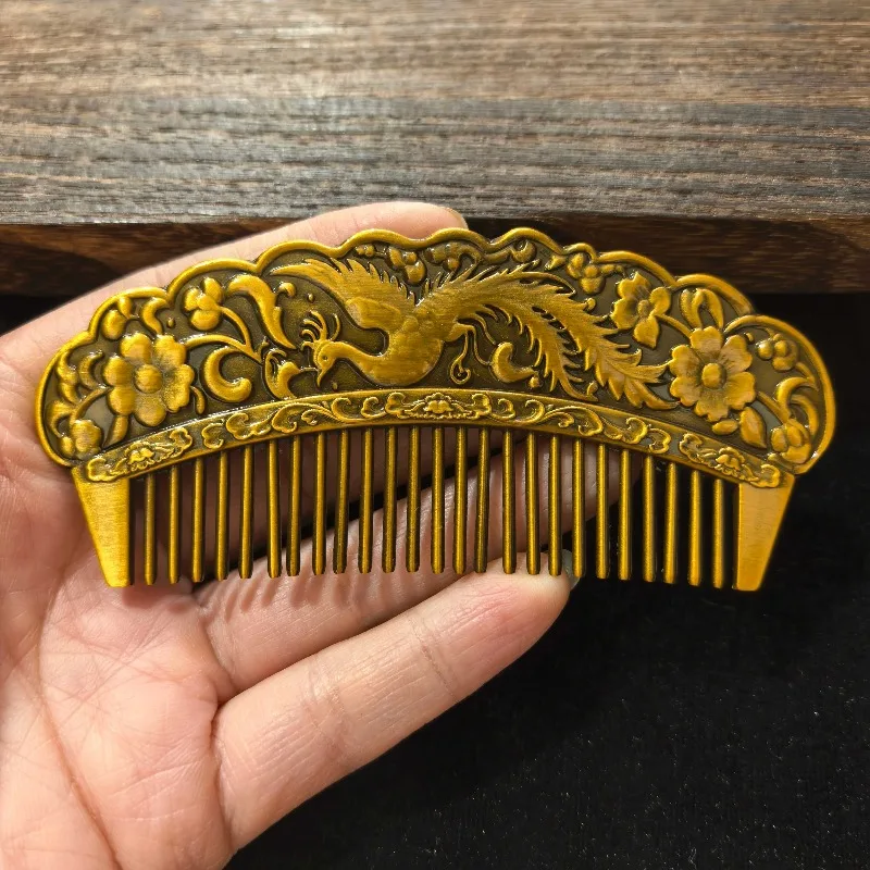 Vintage Alloy Antique‑Gold Carved Hair Comb Phoenix Floral Pattern Chinese Retro Craft Collectible Ornament Hair Accessory
