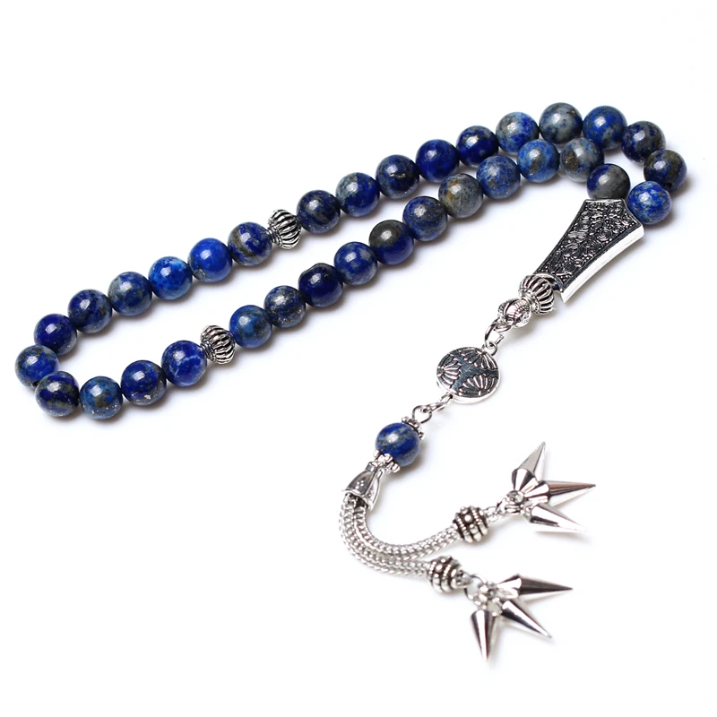 high quality natural lapis stone necklace silver tassel muslim prayer beads tasbih