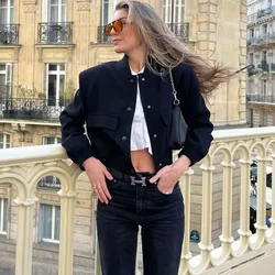 Kobieta Bomber Jacket Coat Soild Autumn Winter Aviator Baseball Button Cropped Kurtki damskie z długim rękawem Crop Odzież wierzchnia