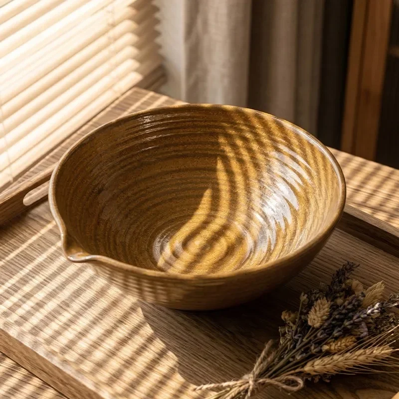 Vintage Japan Kiln-Changed Glaze Ceramic Bowl, Handmade Striped Texture Fruit Salad Pasta Bowl for Restaurant Kitchen Tableware