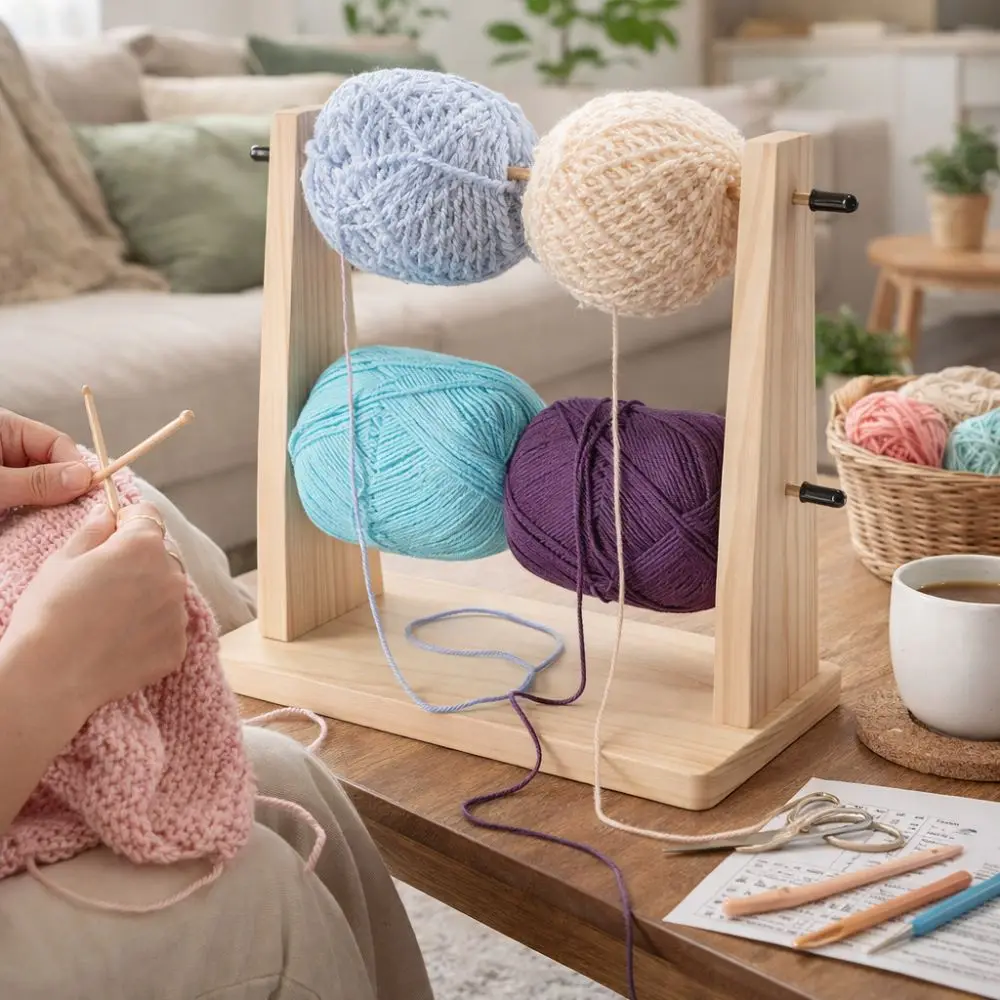 

Double Layer Wooden Yarn Holder Vertical Rotating Manual Yarn Ball Stand Detachable Frame Handmade Thread Holder Crocheting