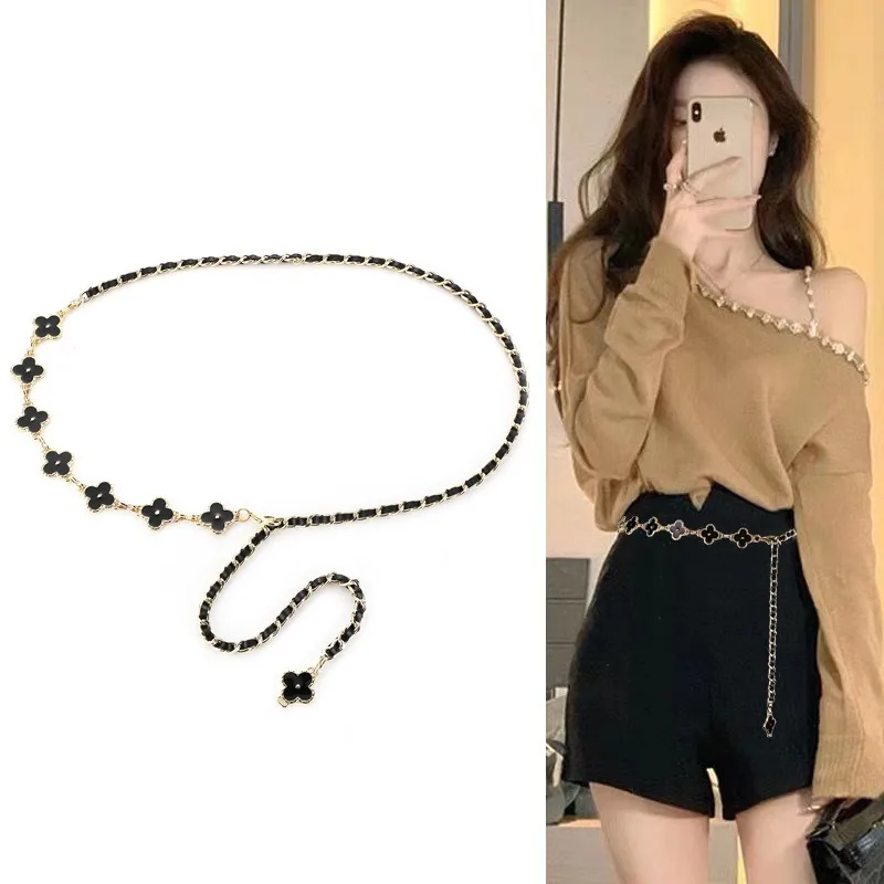 Accessori decorativi per guarnizioni in vita con cintura decorativa per gonna a catena in metallo bifacciale in bianco e nero con quadrifoglio