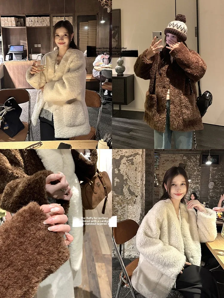 

EKOOL Fluffy Outerwear Women's Loose Thiened Warm Top Autumn Winter 2024 New Sle Commute Sle V-ne Button Closure