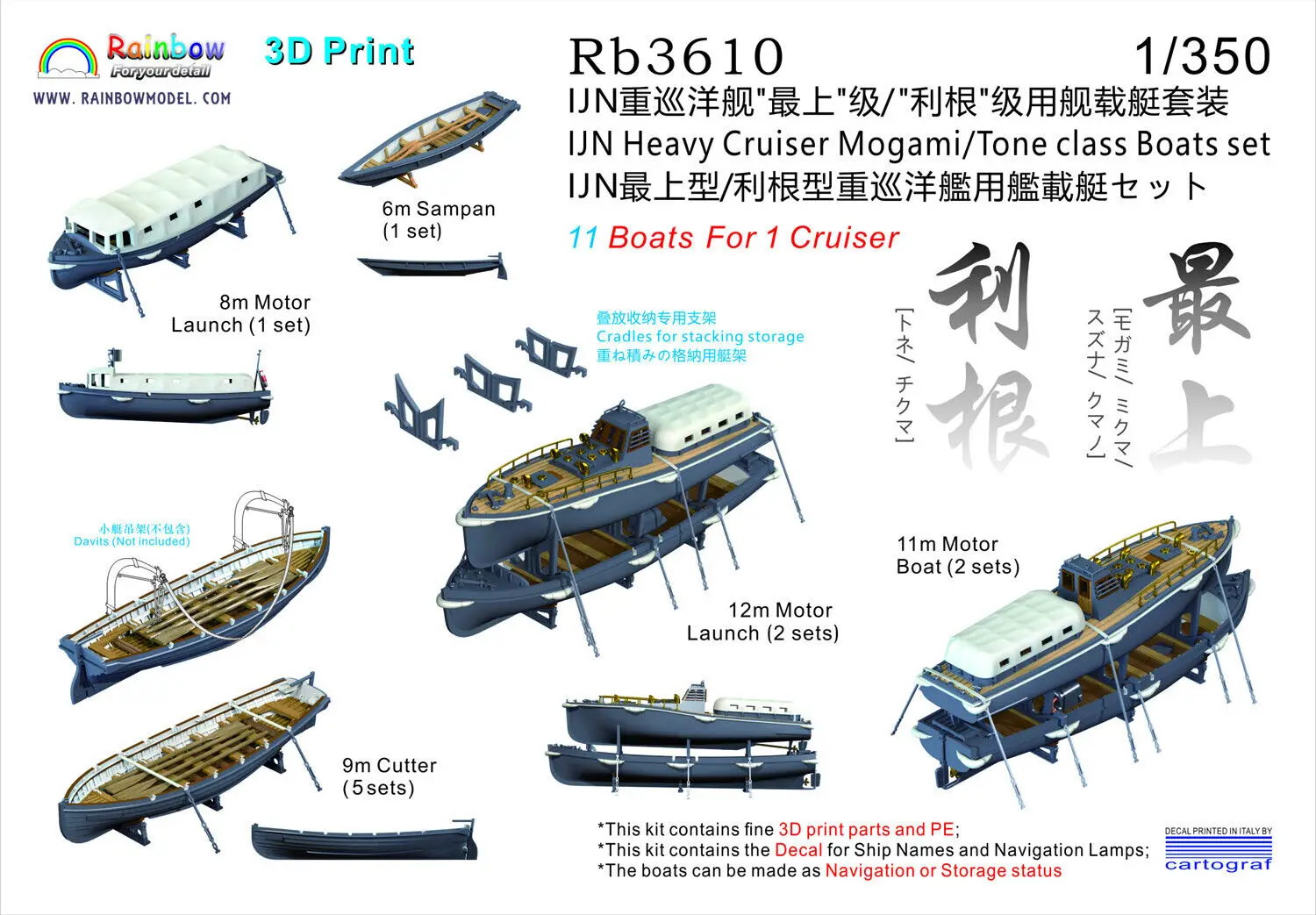 

Rainbow PE 1/350 IJN Heavy Cruiser Mogami/Tone class Boats set (11 boats) Rb3610